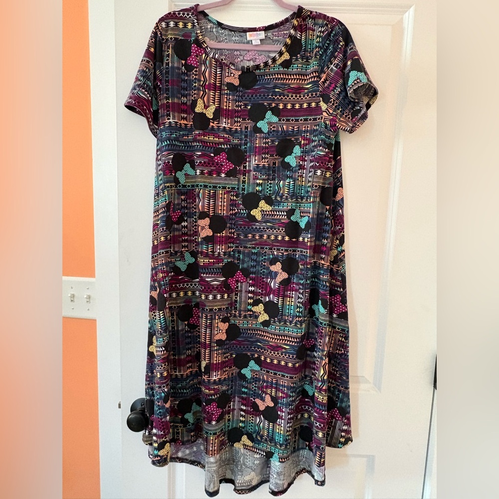 Disney LuLaRoe Geometric Patterned Midi Dress with Black and Pink Accents